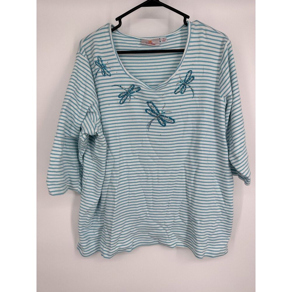 Quacker Factory Women's Top Dragonfly Sequins Teal‎ Stripe Size 1X